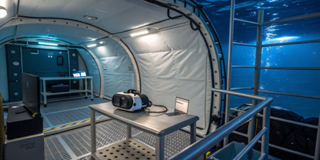 Inside a submarine research facility, advanced monitoring equipment and computers are arranged on stainless steel tables, surrounded by ocean depth and light filtering from above.の写真素材
