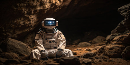 An astronaut sits quietly on the ground inside a dark cave, illuminated by artificial lights. The rocky terrain and shadows create an eerie atmosphere, evoking a sense of solitude and exploration.の写真素材