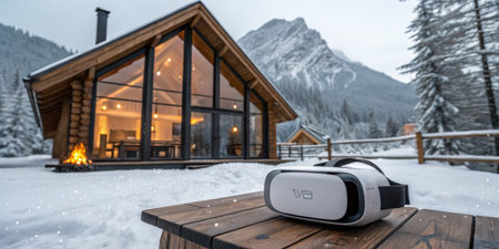 A cozy cabin sits in a snow-covered landscape, with a virtual reality headset placed on a wooden...