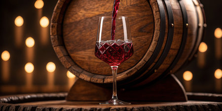 A rich red wine is poured into an elegant glass from a wooden barrel, creating a warm atmosphere highlighted by soft candlelight in the background.の写真素材