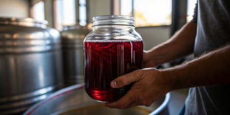 A person holds a large glass jar filled with vibrant red herbal tea, preparing to transfer it from a brewing vessel. Sunlight streams through the windows, creating a warm atmosphere.の写真素材