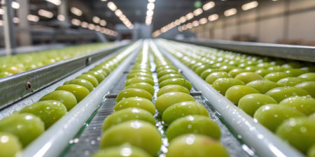 Rows of fresh green grapes travel along a conveyor belt in a large processing facility. Workers sort...