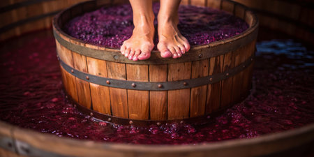 Participants are stomping grapes in a wooden barrel, creating juice as part of a traditional harvest festival. The vibrant purple juice surrounds the feet, highlighting the festive atmosphere.の写真素材