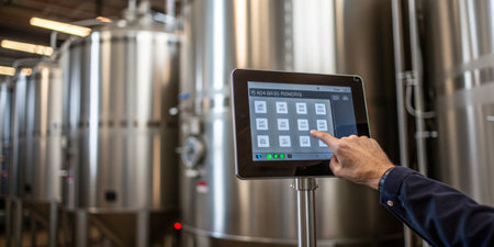 Touchscreen control panel located in a brewery allows a worker to select brewing options while...