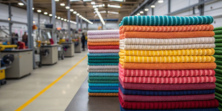 Brightly colored towels are stacked in neat rows in a textile manufacturing facility. Workers are focused on creating quality fabrics in a well-lit industrial environment.の写真素材