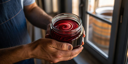 A person holds a jar filled with rich red syrup, showcasing the swirling pattern. Natural light filters in, creating an inviting atmosphere in a rustic kitchen.の写真素材