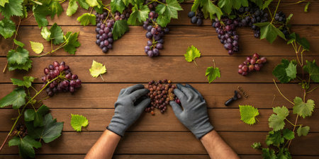 Using gloved hands, a person carefully sorts a variety of freshly picked grapes on a wooden table. Green grape leaves frame the arrangement, emphasizing the harvest season's bounty.の写真素材