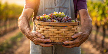 A person holds a woven basket filled with assorted grapes, standing in a vibrant vineyard. Golden sunlight filters through the lush vines, highlighting the colors of the grapes.の写真素材