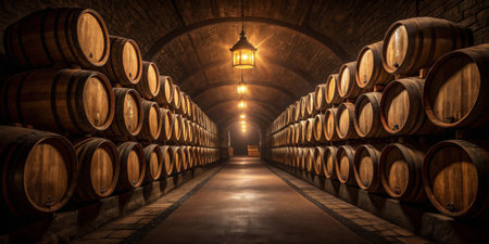 Rows of wooden wine barrels are arranged in a cozy cellar illuminated by soft lantern light. The atmosphere is warm and inviting, ideal for wine enthusiasts and connoisseurs.の写真素材