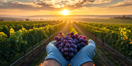 Ripe grapes are cradled in gloved hands, showcasing fresh harvest as the sun sets over a lush vineyard. The golden light enhances the tranquil atmosphere of the evening.の写真素材