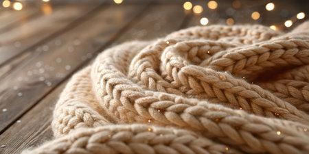A warm knitted blanket rests on a textured wood surface, surrounded by soft, out-of-focus lights, creating a cozy, inviting atmosphere perfect for winter evenings.の写真素材