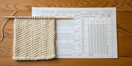 A knitting swatch made from cream yarn is placed next to a pattern sheet on a wooden table. Evening...