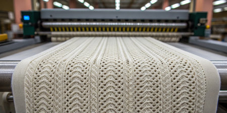 A textile machine operates in a manufacturing facility, producing a long roll of decorated fabric...