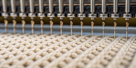 A detailed view of an embroidery machine operating on a piece of fabric, showcasing precision and craftsmanship in a textile workshop.の写真素材