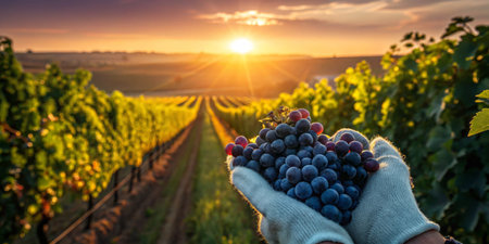 Hands holding freshly picked grapes in a vineyard during sunset. Lush vines stretch toward the horizon while warm sunlight creates a golden atmosphere.の写真素材