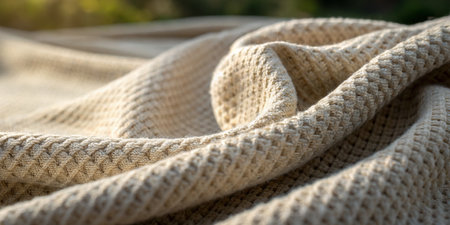 Delicate fabric lies undisturbed, showcasing its unique texture and woven pattern. Sunlight softly illuminates the fibers, enhancing the intricate details.の写真素材