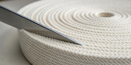 A sharp knife slices through a roll of off-white fabric, highlighting the intricate texture of the...