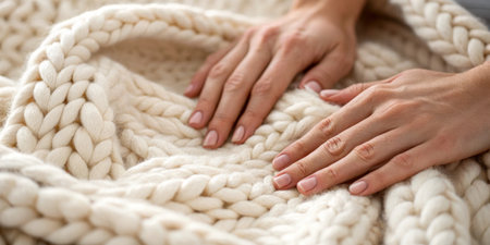 Warm hands are delicately placed on a thick, cream-colored knitted blanket, evoking a sense of comfort and tranquility in a cozy indoor atmosphere.の写真素材