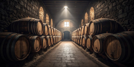 Rows of wooden barrels line the walls of an ancient stone cellar. Soft light filters through a small window, creating a warm, inviting atmosphere in this historic space.の写真素材
