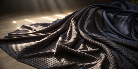 A rich black fabric lies gracefully on a textured surface, illuminated by soft rays of sunlight...