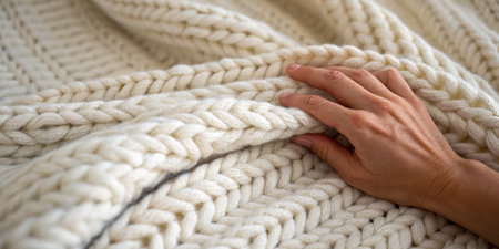 A warm indoor setting features a hand carefully resting on a plush knitted blanket. The fabric...