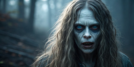 A eerie figure stands in a foggy forest, hair long and unkempt, skin pale, and eyes strikingly blue....