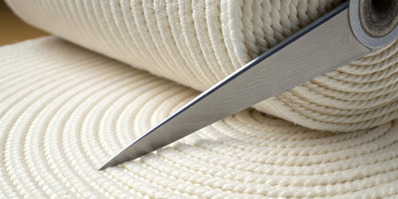A sharp blade slices through a thick roll of white cord, showcasing the precision needed for various...