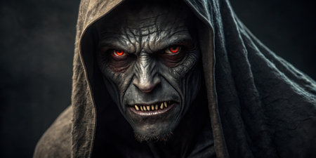 A sinister figure stares intensely, revealing sharp teeth and glowing red eyes. The dark, textured cloak adds to the ominous presence of this mysterious character.の写真素材