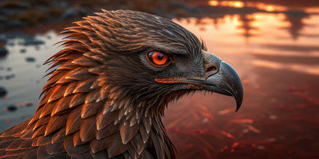 An eagle stands by the water's edge as the sun sets, its golden feathers illuminated by the warm glow. The stillness of the scene emphasizes its gaze.の写真素材