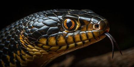 A vividly colored snake is coiled in its natural environment, displaying stunning scales and a flicking tongue.の写真素材