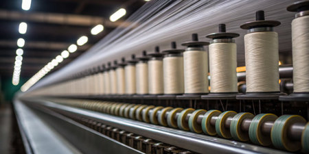 Spools of thread are lined up in a textile factory, with machines actively spinning fibers, creating...
