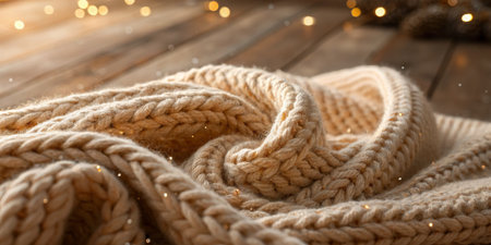 A lovely knitted blanket lies casually on a wooden surface, illuminated by soft light. The cozy texture suggests warmth and comfort, ideal for a relaxing fall evening.の写真素材