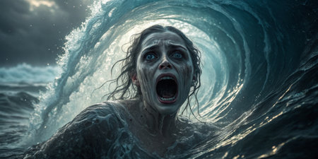 A woman with an anguished expression faces a towering wave at sunset. The turbulent ocean surrounds...
