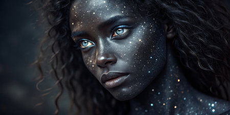 A woman stands with her face painted in intricate cosmic patterns, resembling stars and galaxies....