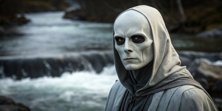 A mysterious figure with a pale face and dark eyes gazes intently near a flowing river. The surrounding landscape features trees and rocky banks, creating an eerie atmosphere on an overcast day.の写真素材