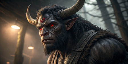 A powerful creature with impressive horns and fierce red eyes gazes intently through the misty...
