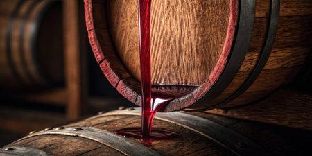 Deep red wine spills from a wooden barrel, showcasing the rich color and texture. The vineyard...