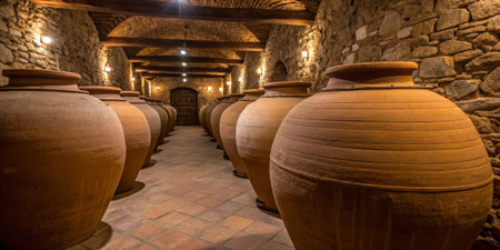Several large clay jars are arranged in a rustic stone cellar, creating an atmosphere of traditional...