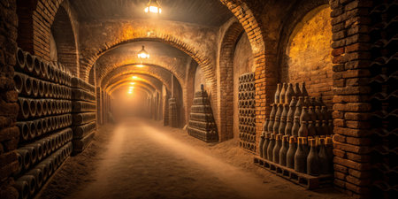 Deep within a historical brick cellar, rows of dusty bottles line the walls while soft lantern light illuminates the damp, earthy surroundings, hinting at wine aging and tradition.の写真素材