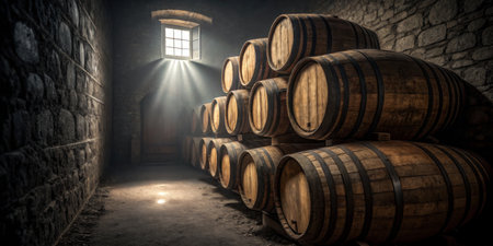 Wooden barrels are neatly stacked in a dimly lit stone cellar. Soft light streams through a window, creating an inviting and mysterious ambiance during the day.の写真素材