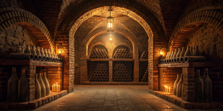 Exploring a charming wine cellar featuring brick arches, dim lighting, and neatly arranged bottles. The warm ambiance invites visitors to appreciate the wine culture in this historic space.の写真素材