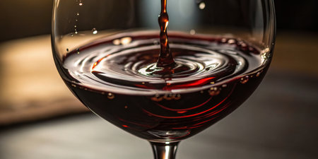 Crimson liquid fills a clear glass, showcasing intricate swirling patterns as light catches the surface. The rich color adds warmth to the cozy atmosphere of the setting.の写真素材