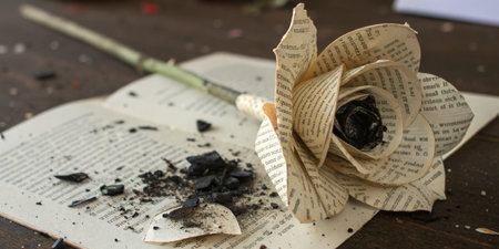 A delicate paper rose lies on a stack of torn book pages in a cozy art studio setting.の写真素材