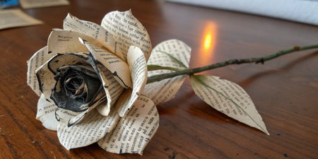 A stunning rose made entirely from vintage book pages sits gracefully on a wooden table. The natural light enhances the intricate details of each petal and leaf.の写真素材