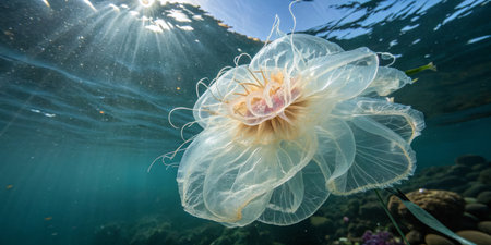 A translucent jellyfish drifts serenely in vibrant blue waters, illuminated by sunlight filtering...