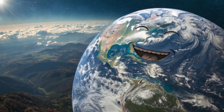 A joyful representation of Earth floats in outer space, showcasing a vibrant atmosphere with clouds. Distant mountain ranges and a bright sun add to the beauty of this cosmic view.の写真素材