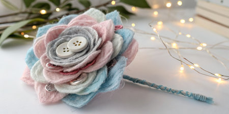 A beautiful brooch designed with layered felt flowers in pastel colors rests on a white surface....