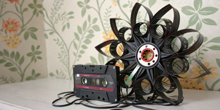 An artistic arrangement features a vintage cassette tape and a unique flower-like design made of...
