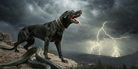 A black dog stands proudly on a rocky ledge, barking towards an ominous sky filled with dark storm...