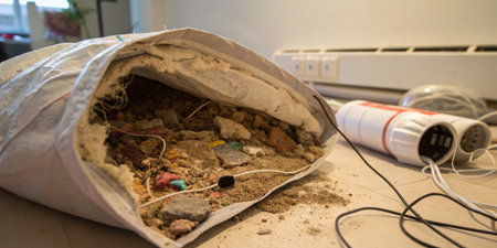 A torn bag spills out a mixture of dirt, old cables, and colorful bits, showcasing the cluttered...